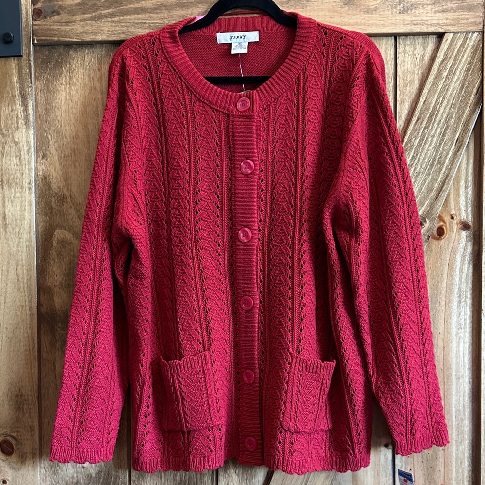 Vintage Jenny Red Knit Cardigan Sweater. Size 2X.  48” Bust 27” Length